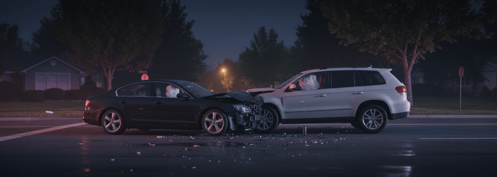 Severe nighttime car crash showing two vehicles in a head-on collision with airbags deployed, highlighting road safety and accident awareness.