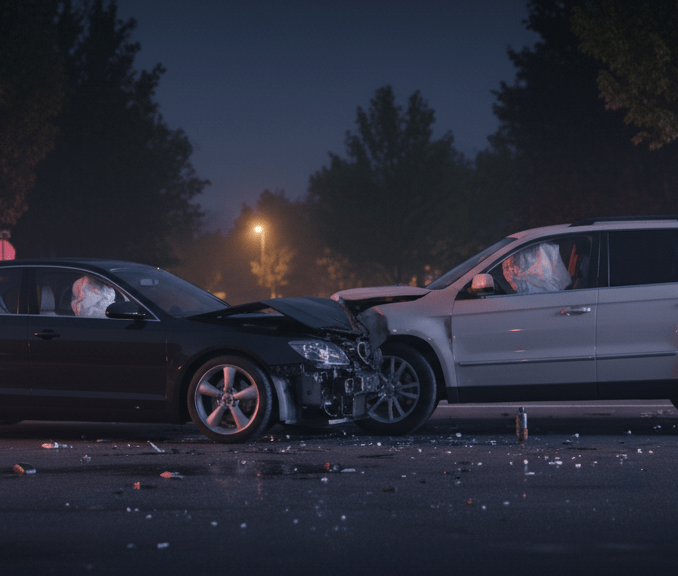 Two cars in a head-on collision at night with deployed airbags, broken headlights, and scattered debris on the road, representing vehicle safety and accident risk.