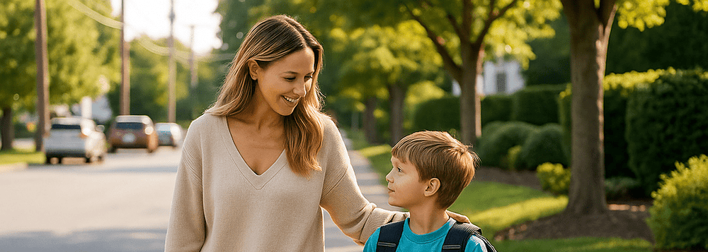 Mother walking with her young son in a safe suburban neighborhood, symbolizing family safety and community security.
