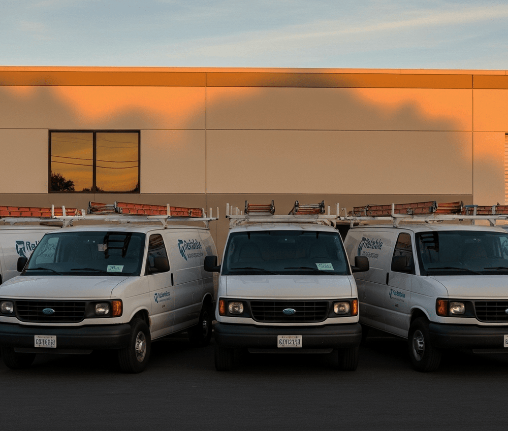 Row of white service vans with roof ladders parked outside a commercial building at sunset.