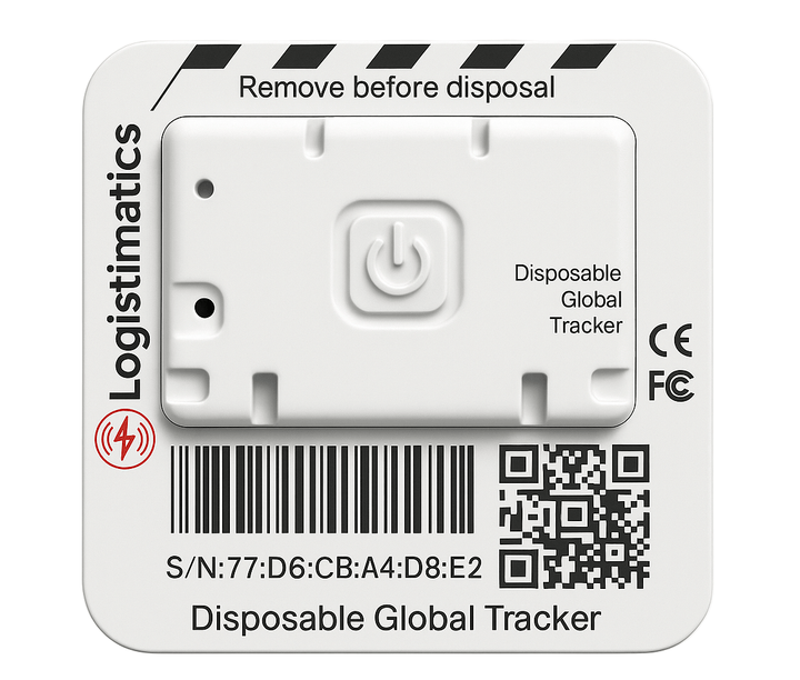 Close-up of a disposable global shipment tracker with barcode and QR code for package tracking.