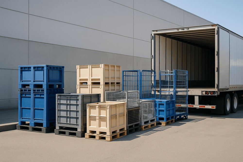 Industrial shipping containers on pallets staged near a semi-truck loading dock, showcasing logistics and supply chain management efficiency.