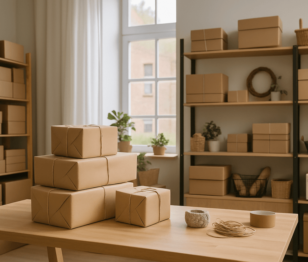 Stack of cardboard boxes on a table with twine and tape in a small business workspace, showcasing organized shipping and packaging supplies.