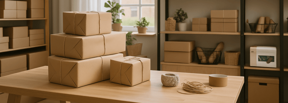 Stack of cardboard boxes on a table with twine and tape in a small business workspace, showcasing organized shipping and packaging supplies.