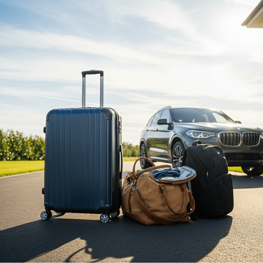Suitcase, duffel bag, and backpack placed on a driveway with a luxury SUV parked in the background, representing travel and personal belongings.