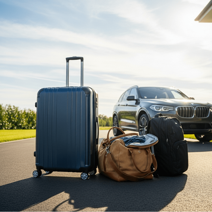 Suitcase, duffel bag, and backpack placed on a driveway with a luxury SUV parked in the background, representing travel and personal belongings.