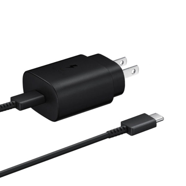 Black power adapter with USB-C cable on a white background