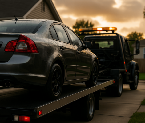 Car loaded on tow truck flatbed during roadside recovery at sunset.